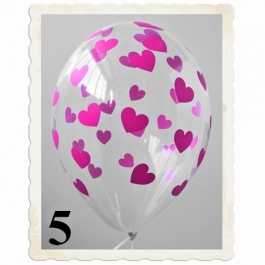 Luftballons 30 cm, Kristall, Transparent mit pinken Herzen, 5 Stück
