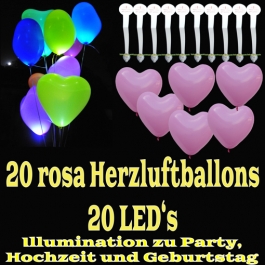 LED-Herzluftballons, Rosa, 20 Stück