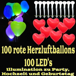 LED-Herzluftballons, Rot , 100 Stück