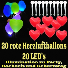 LED-Herzluftballons, Rot , 20 Stück