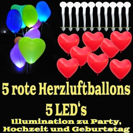 LED-Herzluftballons, Rot , 5 Stück