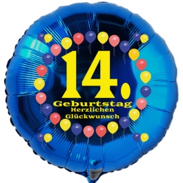 Luftballon aus Folie zum 14. Geburtstag, blauer Rundballon, Balloons, Herzlichen Glückwunsch, inklusive Ballongas