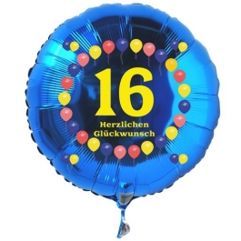 Luftballon aus Folie zum 16. Geburtstag, blauer Rundballon, Balloons, Herzlichen Glückwunsch, inklusive Ballongas