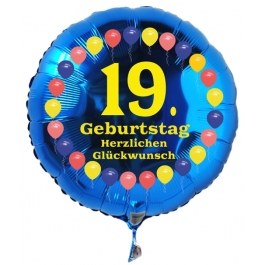 Luftballon aus Folie zum 19. Geburtstag, blauer Rundballon, Balloons, Herzlichen Glückwunsch, inklusive Ballongas