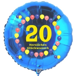 Luftballon aus Folie zum 20. Geburtstag, blauer Rundballon, Zahl 20, Balloons, Herzlichen Glückwunsch, inklusive Ballongas