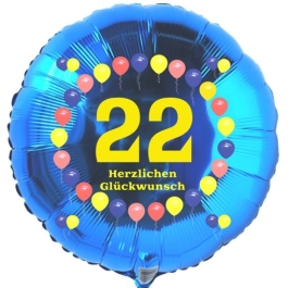 Luftballon aus Folie zum 22. Geburtstag, blauer Rundballon, Zahl 22, Balloons, Herzlichen Glückwunsch