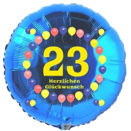 Luftballon aus Folie zum 23. Geburtstag, blauer Rundballon, Zahl 23, Balloons, Herzlichen Glückwunsch, inklusive Ballongas