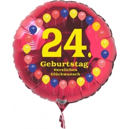 Luftballon aus Folie zum 24. Geburtstag, roter Rundballon, Balloons, Herzlichen Glückwunsch, inklusive Ballongas