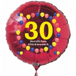 Luftballon aus Folie zum 30. Geburtstag, roter Rundballon, Zahl 30, Balloons, Herzlichen Glückwunsch, inklusive Ballongas