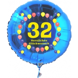 Luftballon aus Folie zum 32. Geburtstag, blauer Rundballon, Zahl 32, Balloons, Herzlichen Glückwunsch, inklusive Ballongas