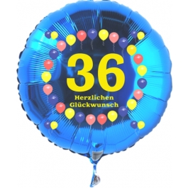 Luftballon aus Folie zum 36. Geburtstag, blauer Rundballon, Zahl 36, Balloons, Herzlichen Glückwunsch, inklusive Ballongas