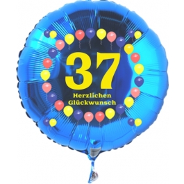 Luftballon aus Folie zum 37. Geburtstag, blauer Rundballon, Zahl 37, Balloons, Herzlichen Glückwunsch, inklusive Ballongas