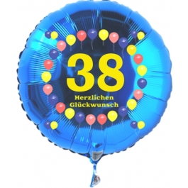 Luftballon aus Folie zum 38. Geburtstag, blauer Rundballon, Zahl 38, Balloons, Herzlichen Glückwunsch, inklusive Ballongas