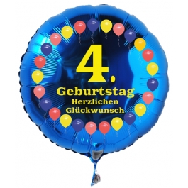Luftballon aus Folie zum 4. Geburtstag, blauer Rundballon, Balloons, Herzlichen Glückwunsch, inklusive Ballongas