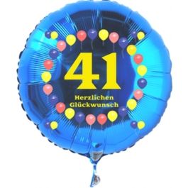 Luftballon aus Folie zum 41. Geburtstag, blauer Rundballon, Zahl 41, Balloons, Herzlichen Glückwunsch, inklusive Ballongas