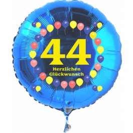 Luftballon aus Folie zum 44. Geburtstag, blauer Rundballon, Zahl 44, Balloons, Herzlichen Glückwunsch, inklusive Ballongas