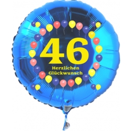Luftballon aus Folie zum 46. Geburtstag, blauer Rundballon, Zahl 46, Balloons, Herzlichen Glückwunsch, inklusive Ballongas