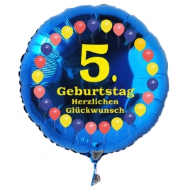 Luftballon aus Folie zum 5. Geburtstag, blauer Rundballon, Balloons, Herzlichen Glückwunsch, inklusive Ballongas