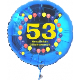 Luftballon aus Folie zum 53. Geburtstag, blauer Rundballon, Zahl 53, Balloons, Herzlichen Glückwunsch, inklusive Ballongas