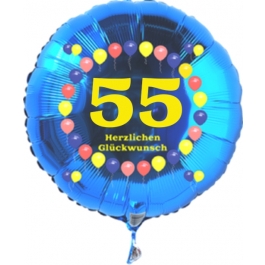 Luftballon aus Folie zum 55. Geburtstag, blauer Rundballon, Zahl 55, Balloons, Herzlichen Glückwunsch, inklusive Ballongas