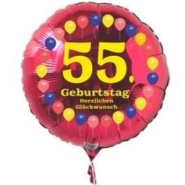 Luftballon aus Folie zum 55. Geburtstag, roter Rundballon, Balloons, Herzlichen Glückwunsch, inklusive Ballongas