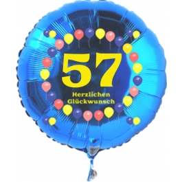 Luftballon aus Folie zum 57. Geburtstag, blauer Rundballon, Zahl 57, Balloons, Herzlichen Glückwunsch, inklusive Ballongas