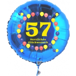 Luftballon aus Folie zum 57. Geburtstag, blauer Rundballon, Zahl 57, Balloons, Herzlichen Glückwunsch, inklusive Ballongas
