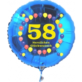 Luftballon aus Folie zum 58. Geburtstag, blauer Rundballon, Zahl 58, Balloons, Herzlichen Glückwunsch, inklusive Ballongas