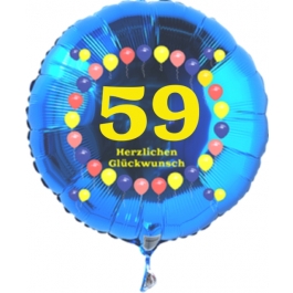 Luftballon aus Folie zum 59. Geburtstag, blauer Rundballon, Zahl 59, Balloons, Herzlichen Glückwunsch, inklusive Ballongas