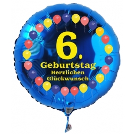 Luftballon aus Folie zum 6. Geburtstag, blauer Rundballon, Balloons, Herzlichen Glückwunsch, inklusive Ballongas