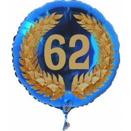 Luftballon aus Folie mit Ballongas, Zahl 62 im Lorbeerkranz, zum 62. Geburtstag, Jubiläum oder Jahrestag