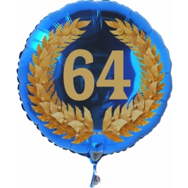 Luftballon aus Folie mit Ballongas, Zahl 64 im Lorbeerkranz, zum 64. Geburtstag, Jubiläum oder Jahrestag
