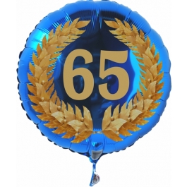 Luftballon aus Folie mit Ballongas, Zahl 65 im Lorbeerkranz, zum 65. Geburtstag, Jubiläum oder Jahrestag