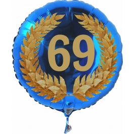Luftballon aus Folie mit Ballongas, Zahl 69 im Lorbeerkranz, zum 69. Geburtstag, Jubiläum oder Jahrestag