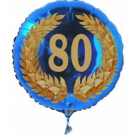 Luftballon aus Folie zum 80. Geburtstag, blauer Ballon, Zahl 80 im Lorbeerkranz, inklusive Ballongas