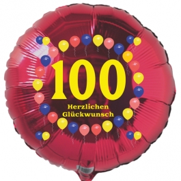 Luftballon aus Folie zum 100. Geburtstag, roter Rundballon, Balloons, Herzlichen Glückwunsch, inklusive Ballongas