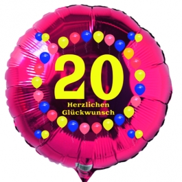 Luftballon aus Folie zum 20. Geburtstag, roter Rundballon, Balloons, Herzlichen Glückwunsch, inklusive Ballongas