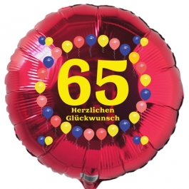 Luftballon aus Folie zum 65. Geburtstag, roter Rundballon, Balloons, Herzlichen Glückwunsch, inklusive Ballongas