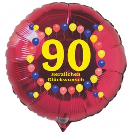 Luftballon aus Folie zum 90. Geburtstag, roter Folien-Rundballon, Balloons, Herzlichen Glückwunsch, inklusive Ballongas