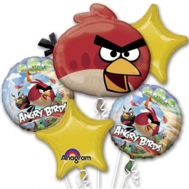 Luftballon-Bouquet Angry Birds, 5 Folienballons zum Kindergeburtstag mit Helium
