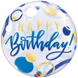 Luftballon Bubble, Happy Birthday Blue & Gold Dots ohne Helium/Ballongas