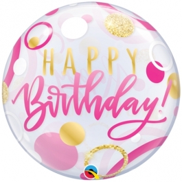 Luftballon Bubble, Happy Birthday Pink & Gold Dots ohne Helium/Ballongas