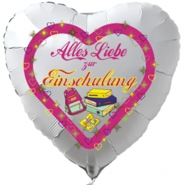 Alles Liebe zur Einschulung. Weißer Luftballon in Herzform gefüllt mit Helium