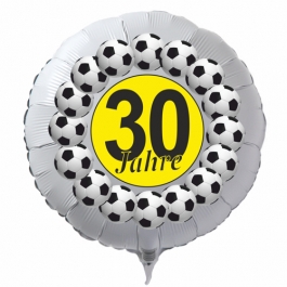 Luftballon aus Folie zum 30. Geburtstag, weisser Rundballon, Fußball, schwarz-gelb, inklusive Ballongas