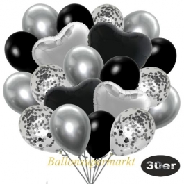luftballons-30er-pack-9-silber-konfetti-und-9-metallic-schwarz-8-chrome-silber-2-folienballons-silber-2-folienballons-schwarz