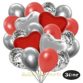 luftballons-30er-pack-9-silber-konfetti-und-9-metallic-warmrot-8-chrome-silber-2-folienballons-silber-2-folienballons-rot