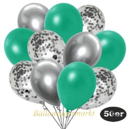 luftballons-50er-pack-15-silber-konfetti-und-18-metallic-tuerkisgruen-17-chrome-silber