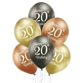 Luftballons Happy 20th Birthday, Latexballons 12", Chromefarben Gold, Anthrazit