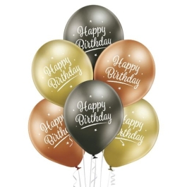 Luftballons Happy Birthday, Latexballons 12", Chromefarben Gold, Anthrazit