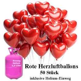 Luftballons-Helium-Einweg-Set 50-Herzluftballons-Rot-2,2-Liter-Einweg-Helium